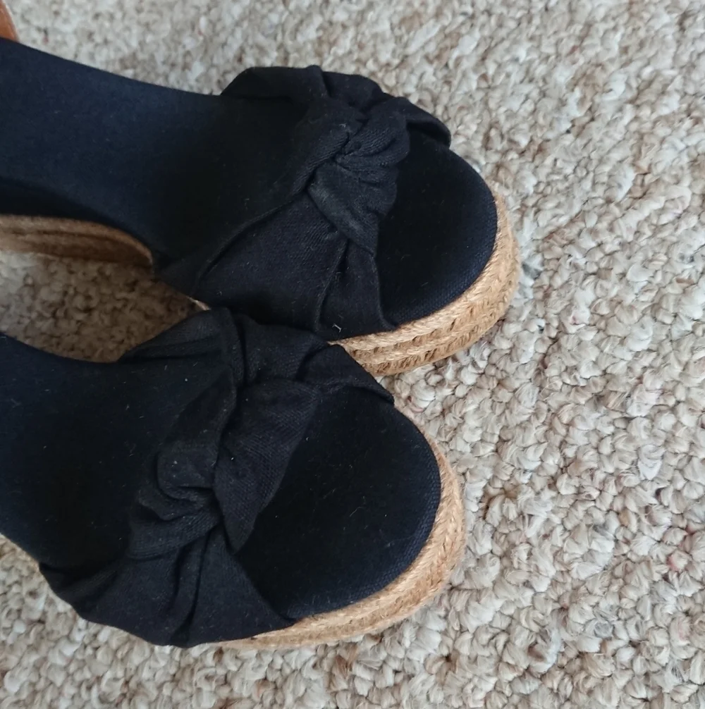 TORY BURCH Knotted Bow Wedge Espadrille Platform Sandal Black/NAVY/ Tan SIZE 6.5